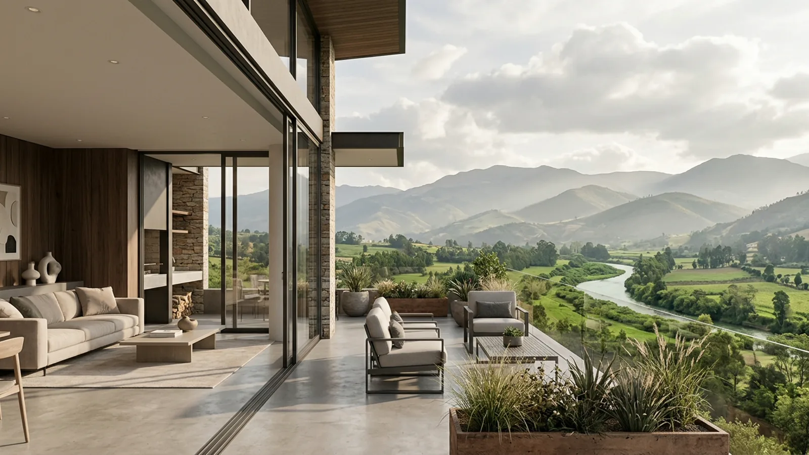 Terraza residencial conceptual frente a un paisaje andino verde con río